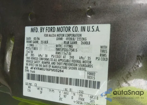 2006 Mazda B3000 Ds z USA, uszkodzony, nr VIN 4F4YR46U16PM05284